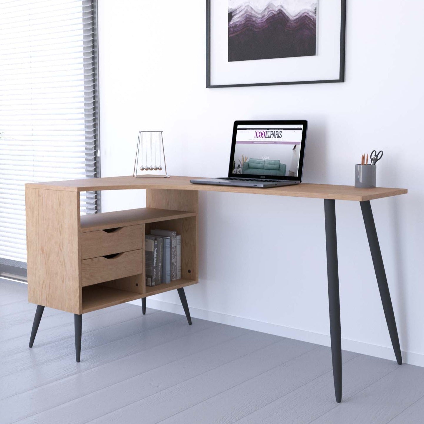 Bureau d'angle avec caisson en bois LEOMIR