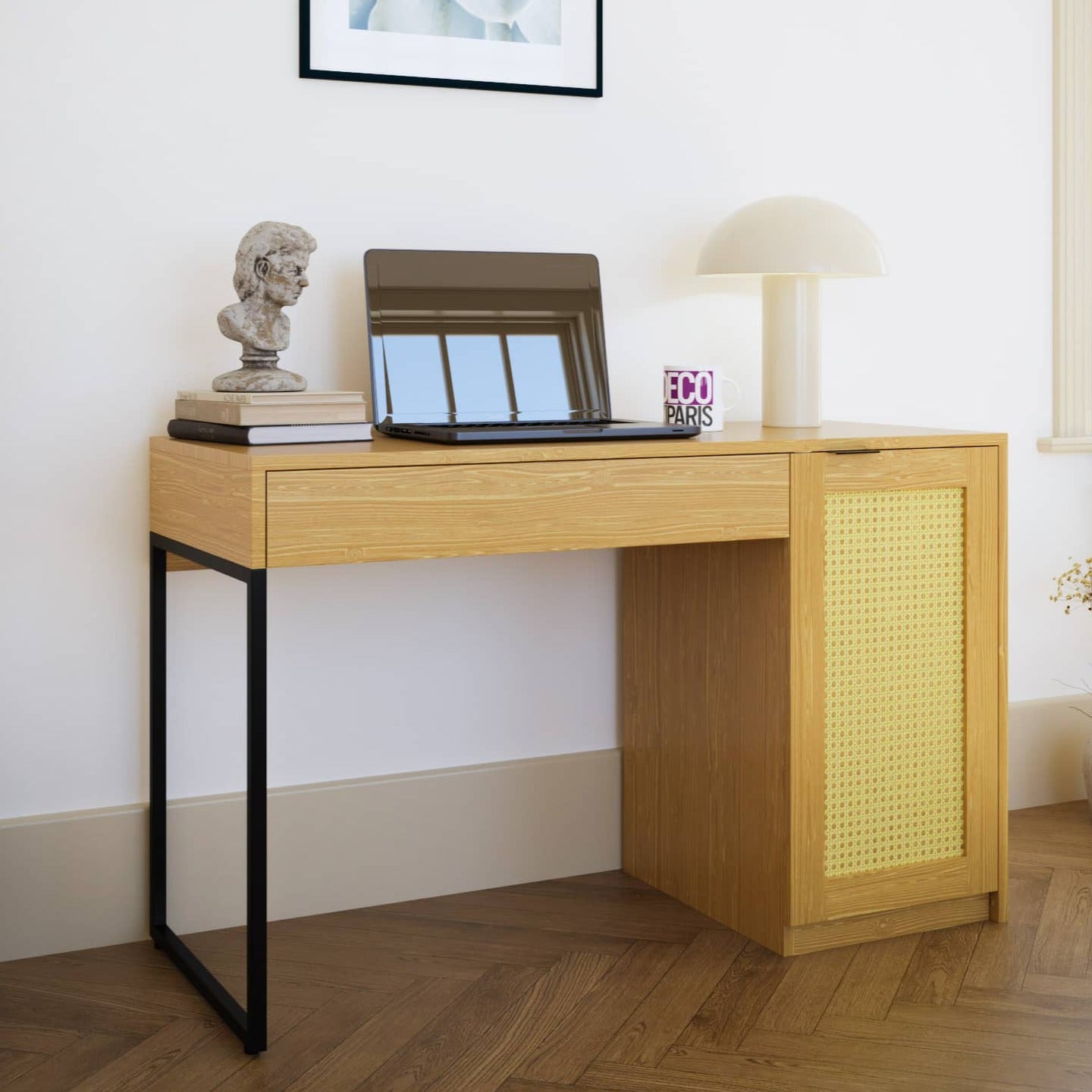 Bureau scandinave avec rangements en bois métal et cannage TULLIO