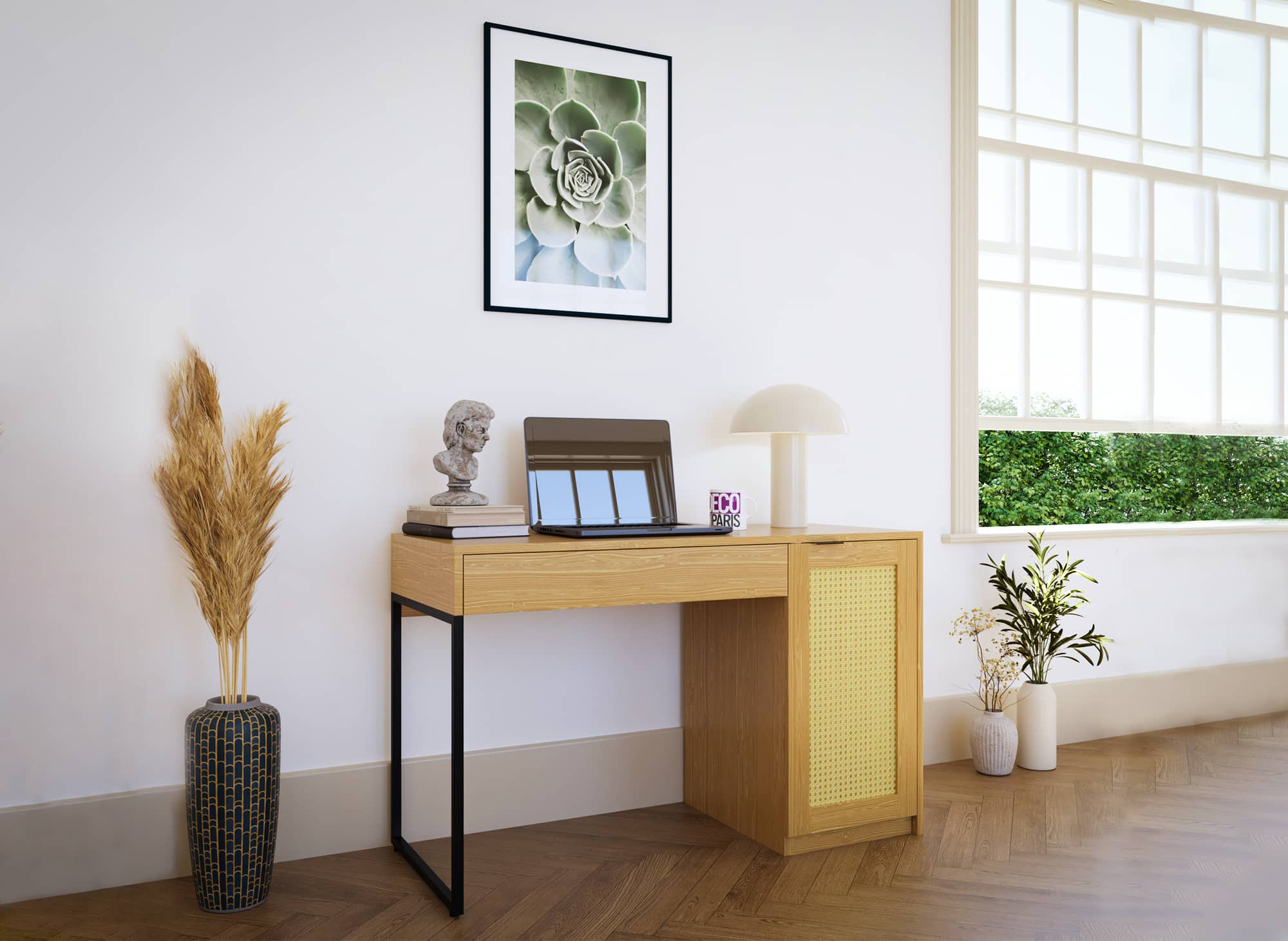 Bureau scandinave avec rangements en bois métal et cannage TULLIO