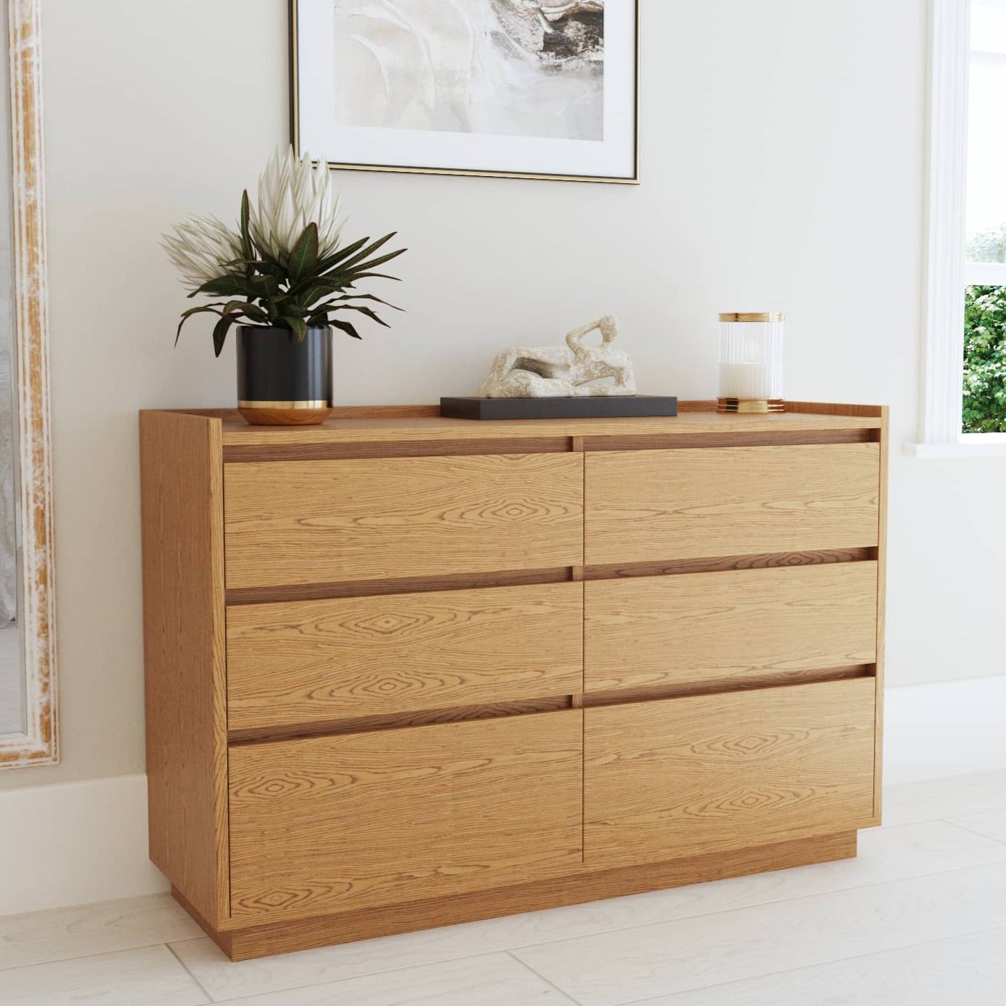 Commode basse 6 tiroirs en bois couleur chêne SACHA