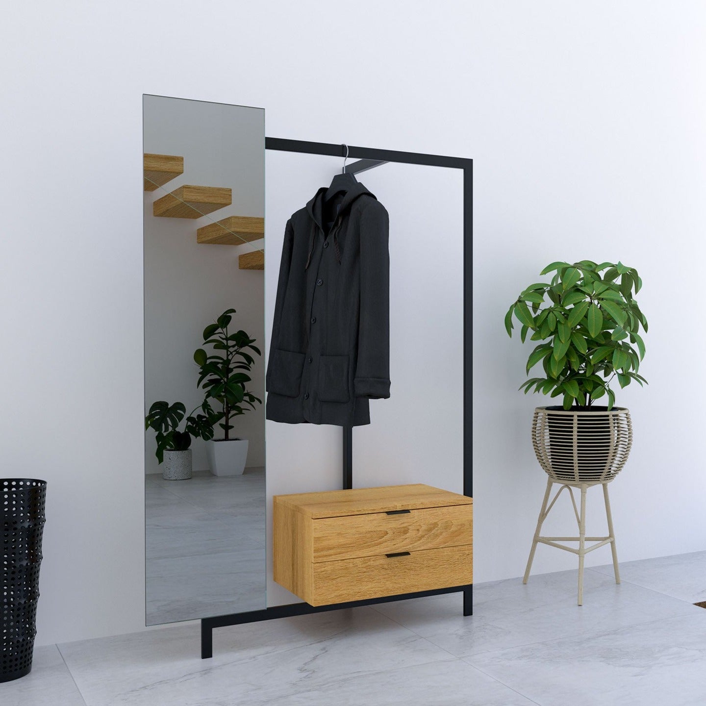 Meuble d'entrée avec armoire miroir et 2 tiroirs en bois et métal GLENN