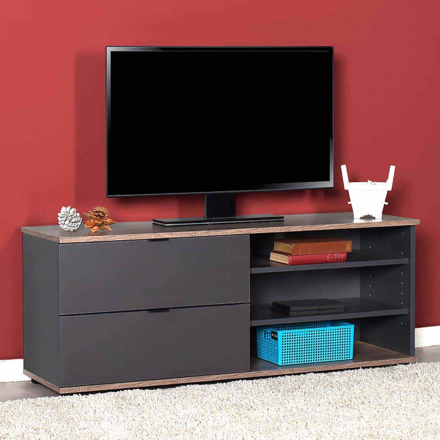 Meuble TV 2 tiroirs 3 étagères noir et bois LOUIS - 120 cm