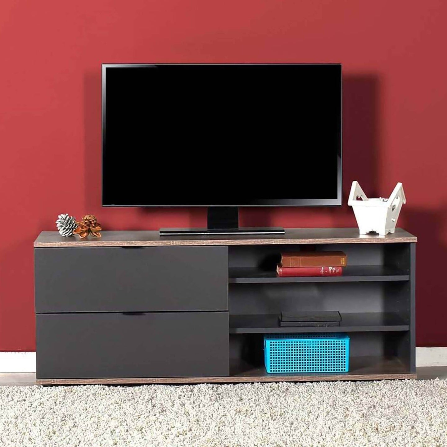 Meuble TV 2 tiroirs 3 étagères noir et bois LOUIS - 120 cm