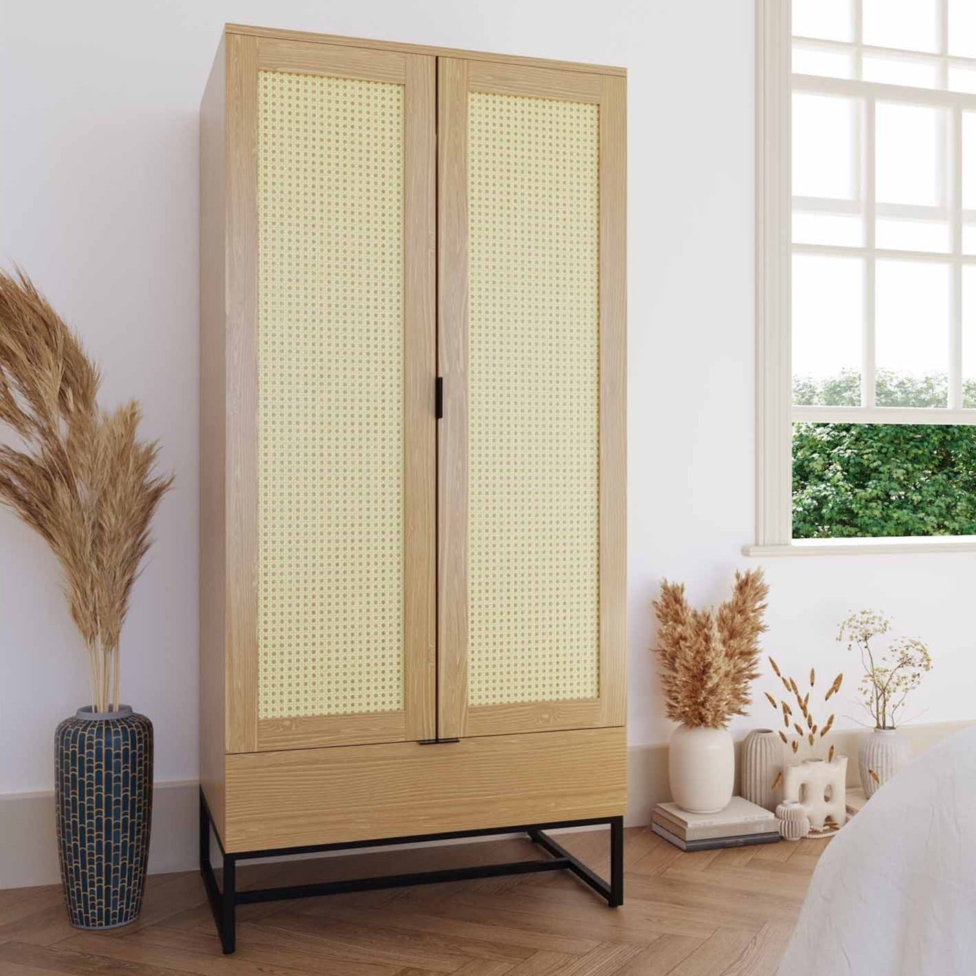 Armoire penderie 2 portes 1 tiroir en bois métal et cannage TULLIO