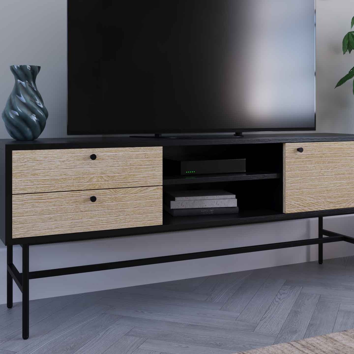 Meuble TV avec 2 tiroirs et 1 porte en bois et métal noir DARYL