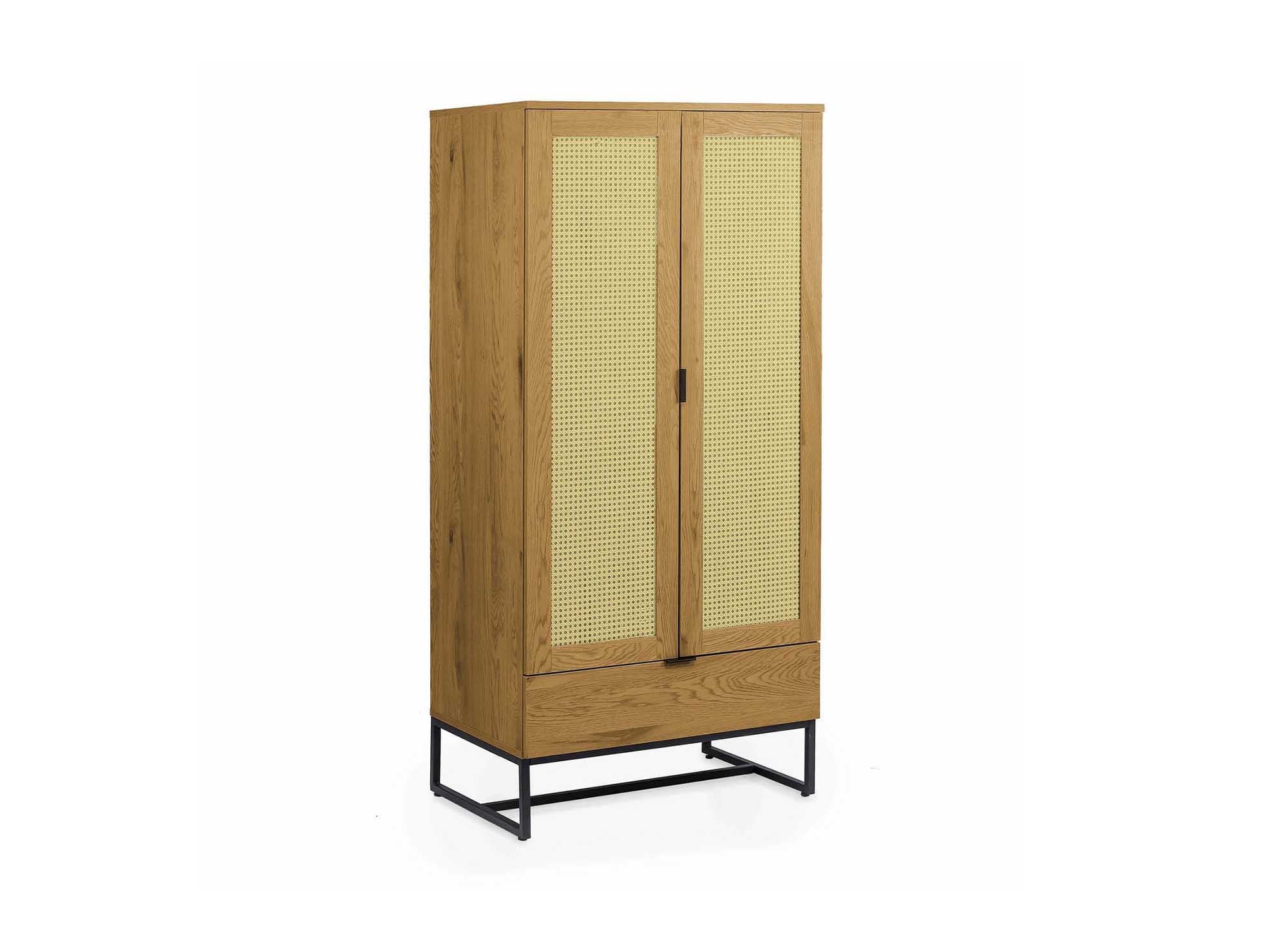 Armoire penderie 2 portes 1 tiroir en bois métal et cannage TULLIO