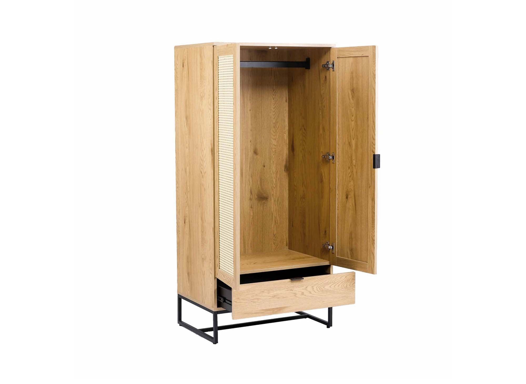 Armoire penderie 2 portes 1 tiroir en bois métal et cannage TULLIO