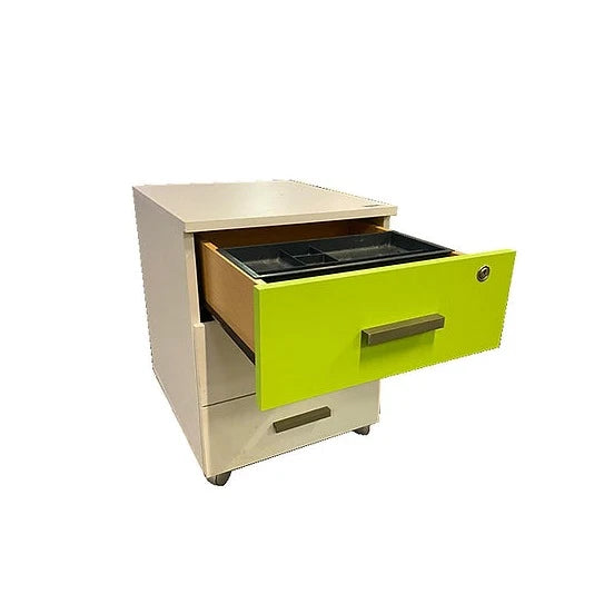 Caisson de bureau blanc et vert à roulettes