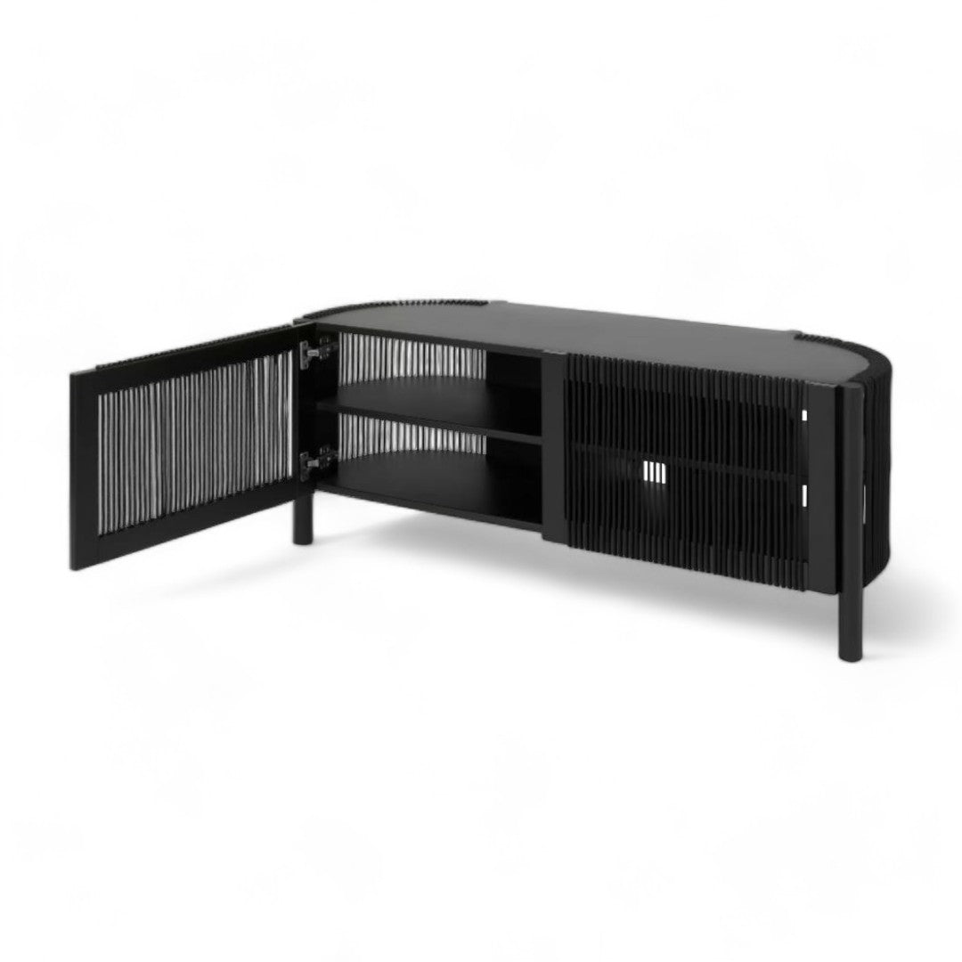 Tamana meuble TV en bois d'Acacia - 2 Portes - 4 Compartiments de rangement - Bois teinté noir - Cordage noir - L121