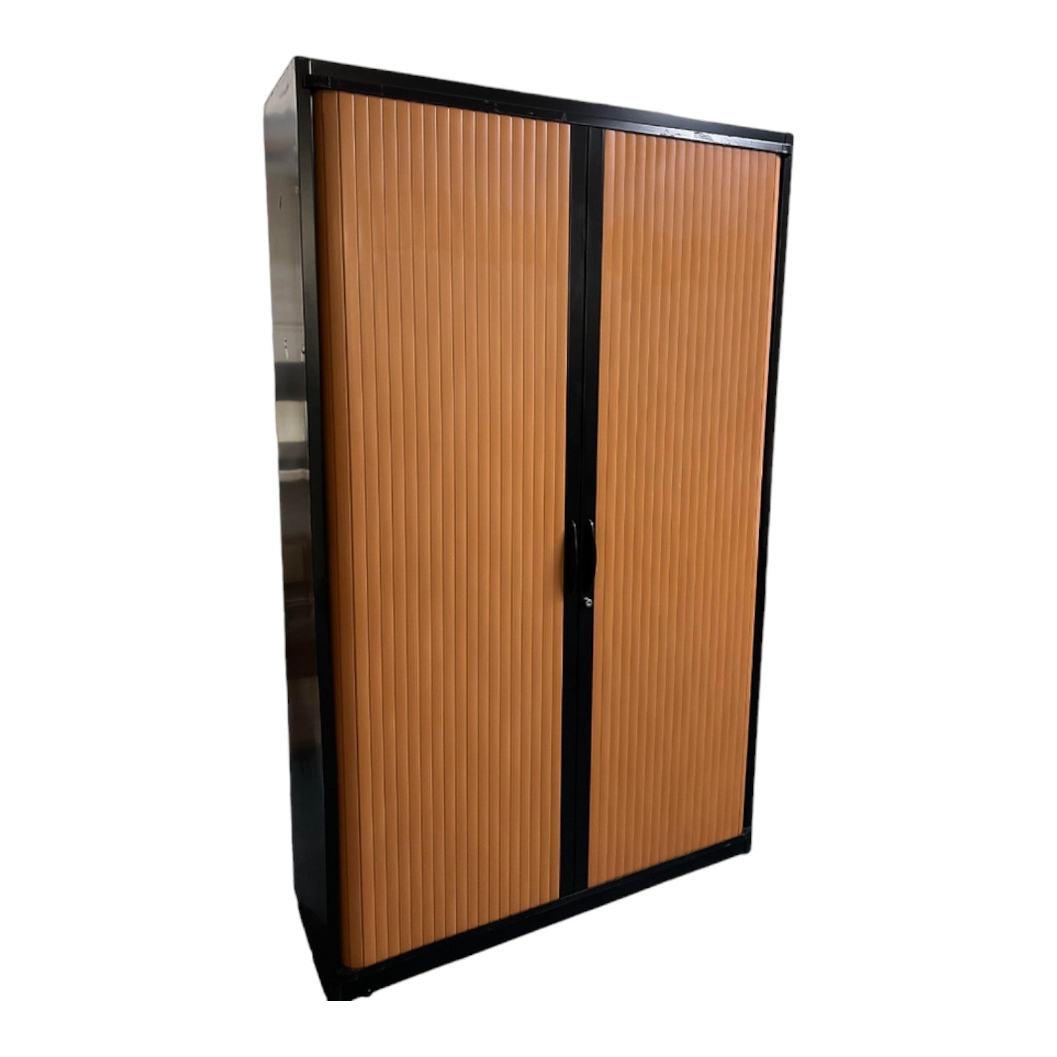 Armoire haute métallique porte coulissantes noir et bois